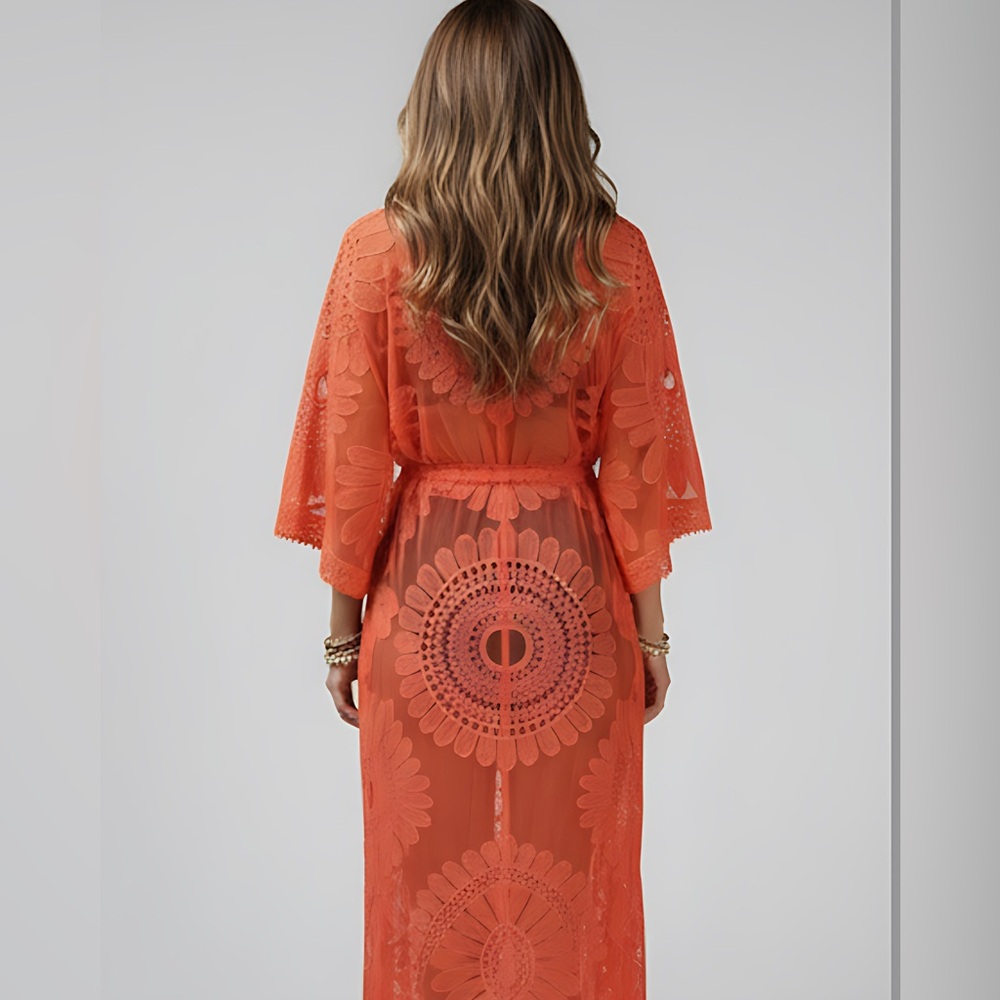 Kimono Cover Up With Cropped Sleeves Coral Orange - Picture 4 of 7
